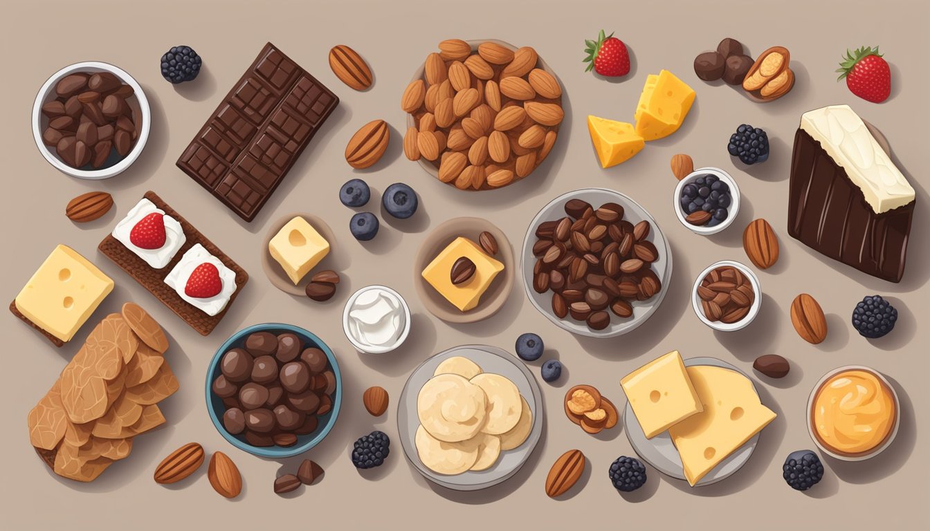 A table spread with a variety of keto-friendly snacks and desserts, including nuts, cheese, berries, and dark chocolate