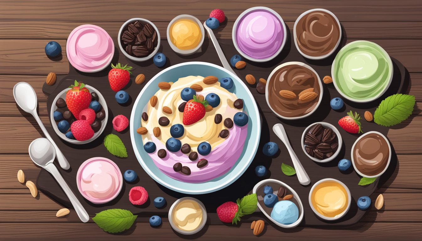 A bowl of keto-friendly ice cream surrounded by a variety of low-carb toppings, such as nuts, berries, and sugar-free chocolate syrup, on a wooden table