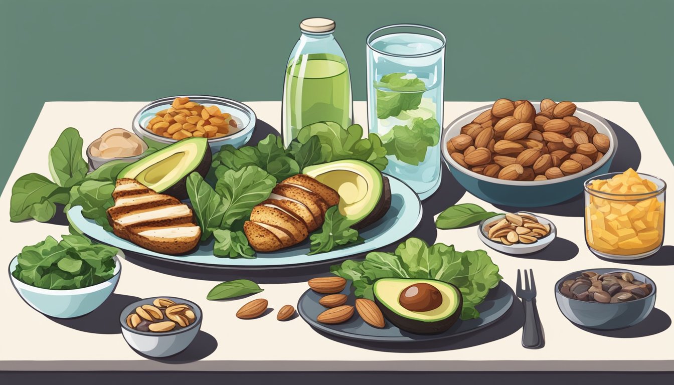 A table set with a variety of keto-friendly foods such as avocado, grilled chicken, leafy greens, and nuts, with a glass of water