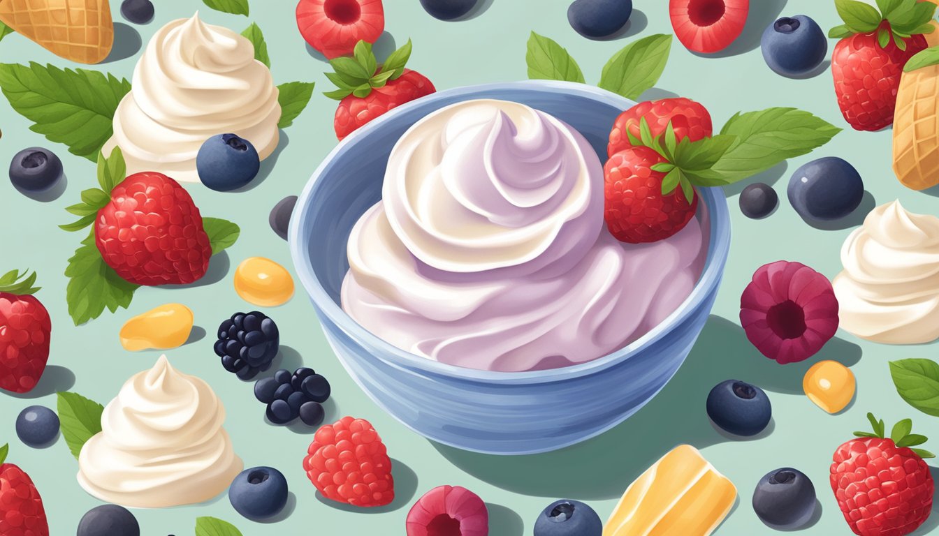 A bowl of keto-friendly ice cream surrounded by fresh berries and a dollop of whipped cream