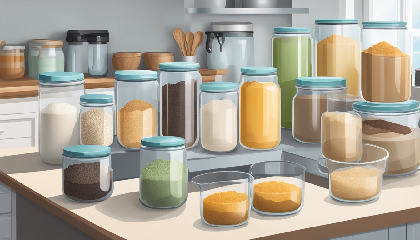 A clean, organized kitchen counter with various flours and baking ingredients for keto desserts neatly arranged in containers and jars