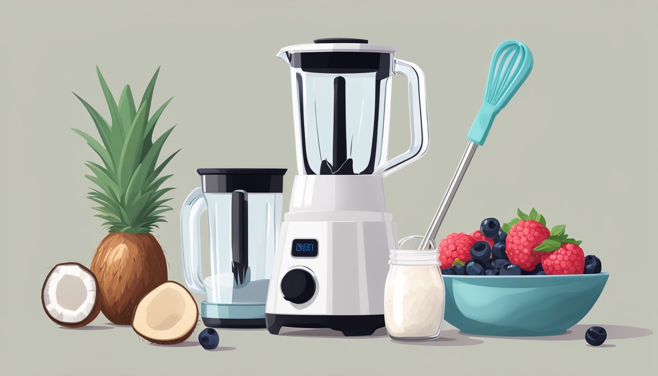 A blender filled with coconut milk, stevia, and frozen berries next to a set of measuring spoons and a whisk on a kitchen counter