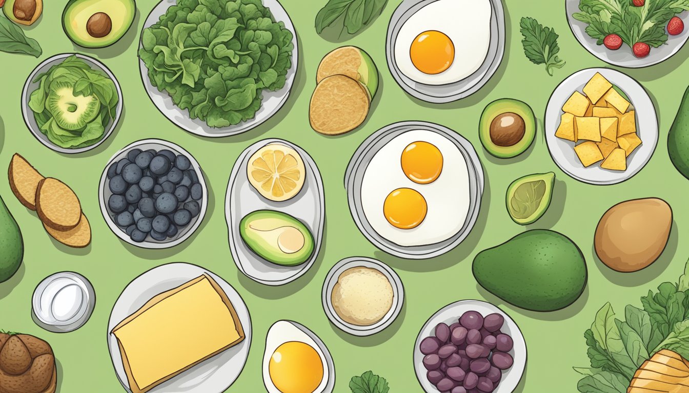 A table with various high-carb foods crossed out, surrounded by keto-friendly options like avocados, eggs, and leafy greens