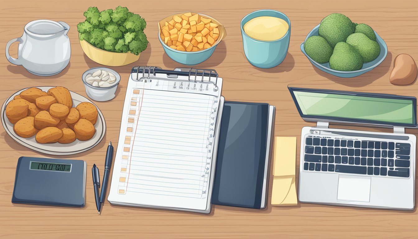 A table with a laptop, pen, and paper showing a list of keto-friendly foods and a weight scale in the background