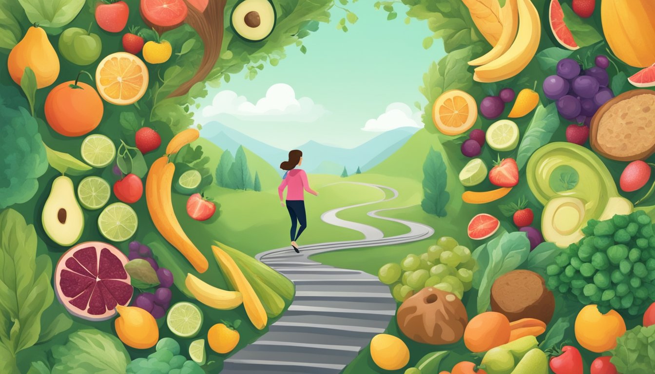 A person pushing past obstacles on a winding path, surrounded by healthy food choices and temptations