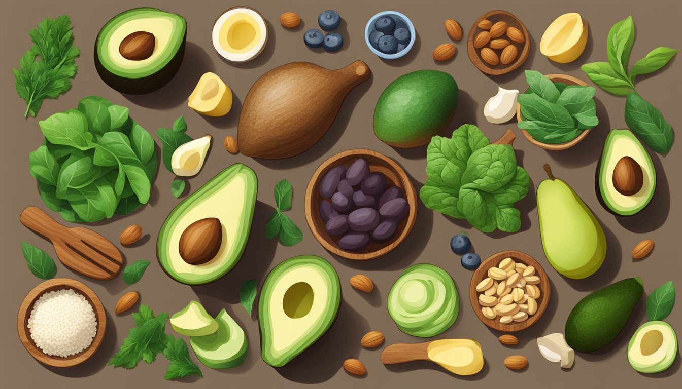 A colorful array of low-carb, high-fat foods like avocados, nuts, and leafy greens arranged on a wooden cutting board