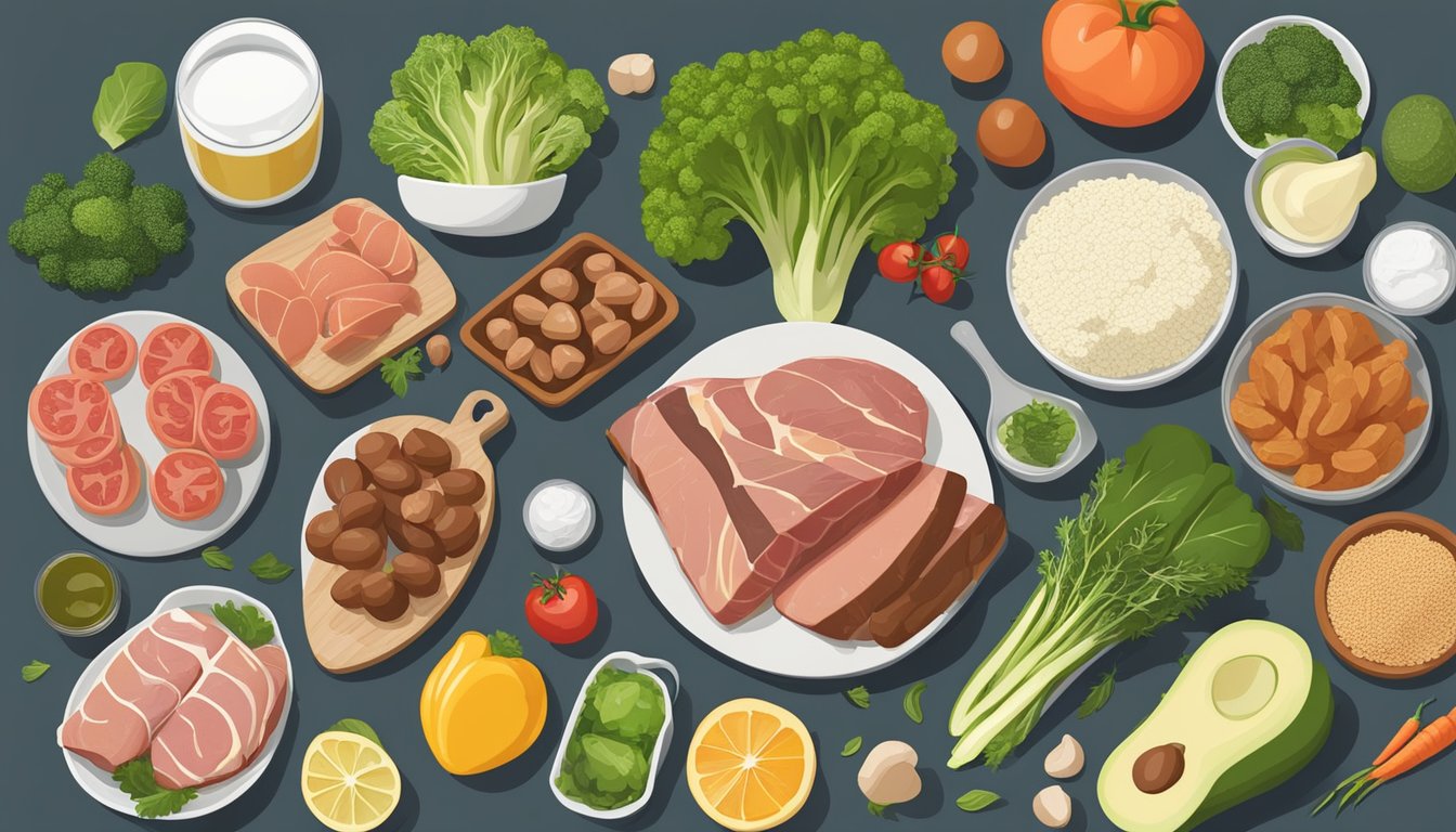 A table with various keto-friendly foods, including vegetables, meats, and healthy fats, surrounded by measuring cups and a scale