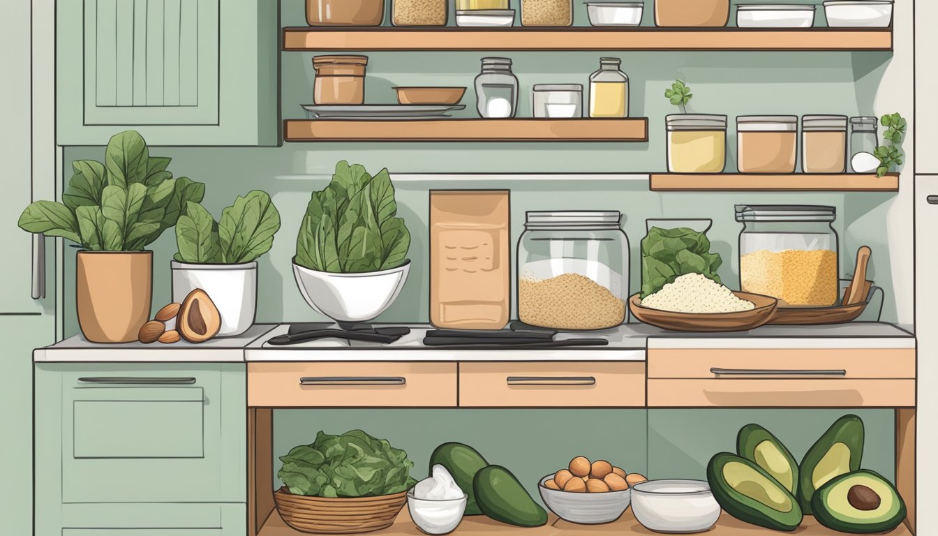 A kitchen with keto-friendly foods: avocados, eggs, leafy greens, salmon, and nuts. A pantry stocked with almond flour, coconut oil, and sugar-free sweeteners