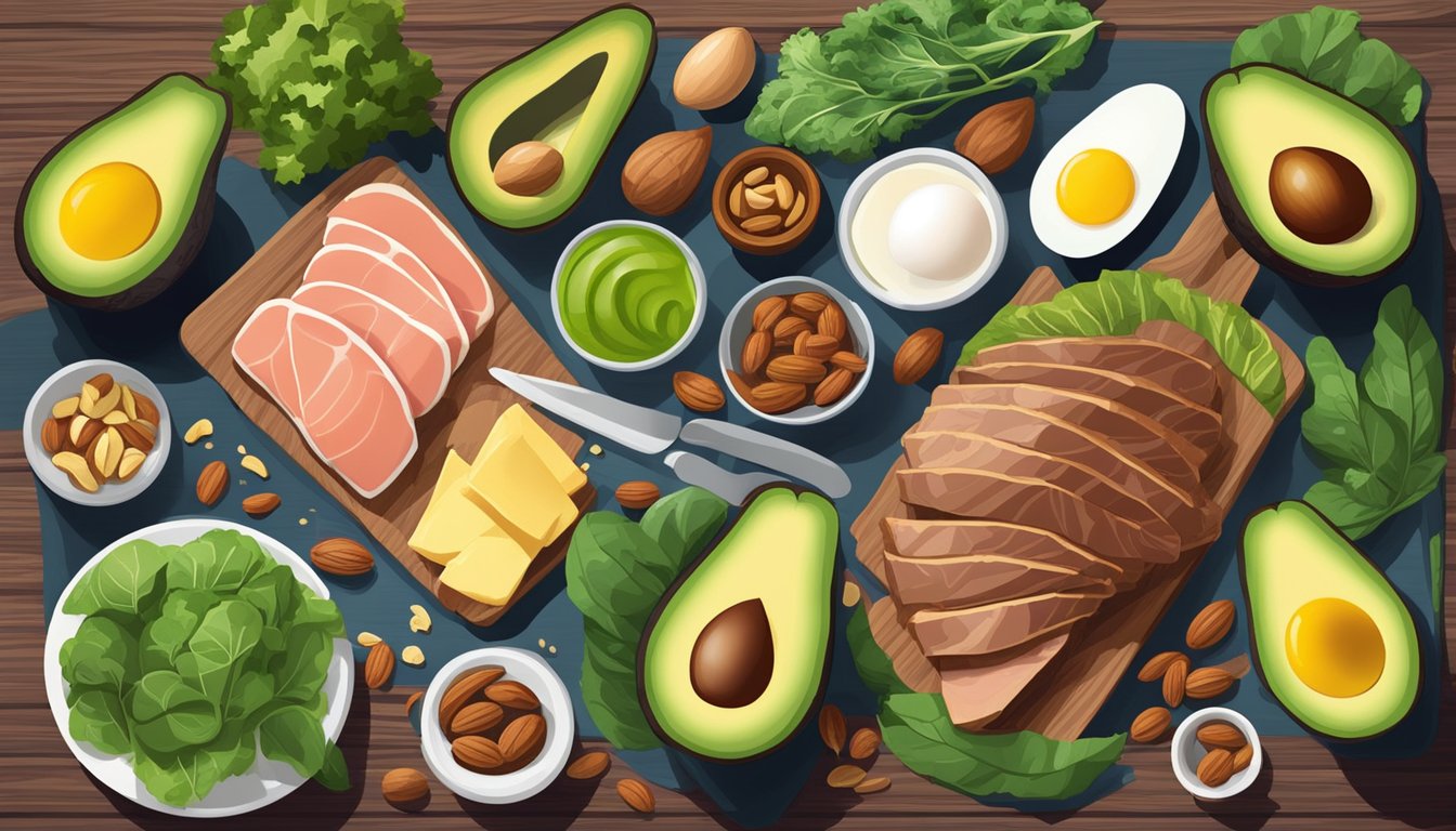 A colorful array of keto-friendly foods arranged on a wooden table, including avocados, leafy greens, nuts, eggs, and lean meats