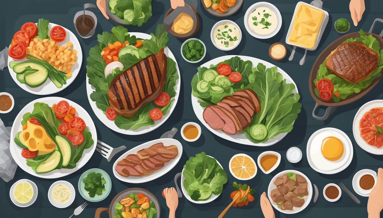 A dinner table set with a variety of keto-friendly foods, including grilled meats, leafy greens, and low-carb vegetables