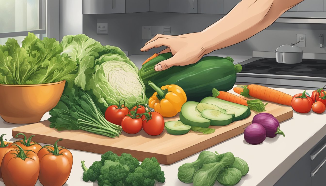 A hand reaching for fresh vegetables and lean protein on a kitchen counter