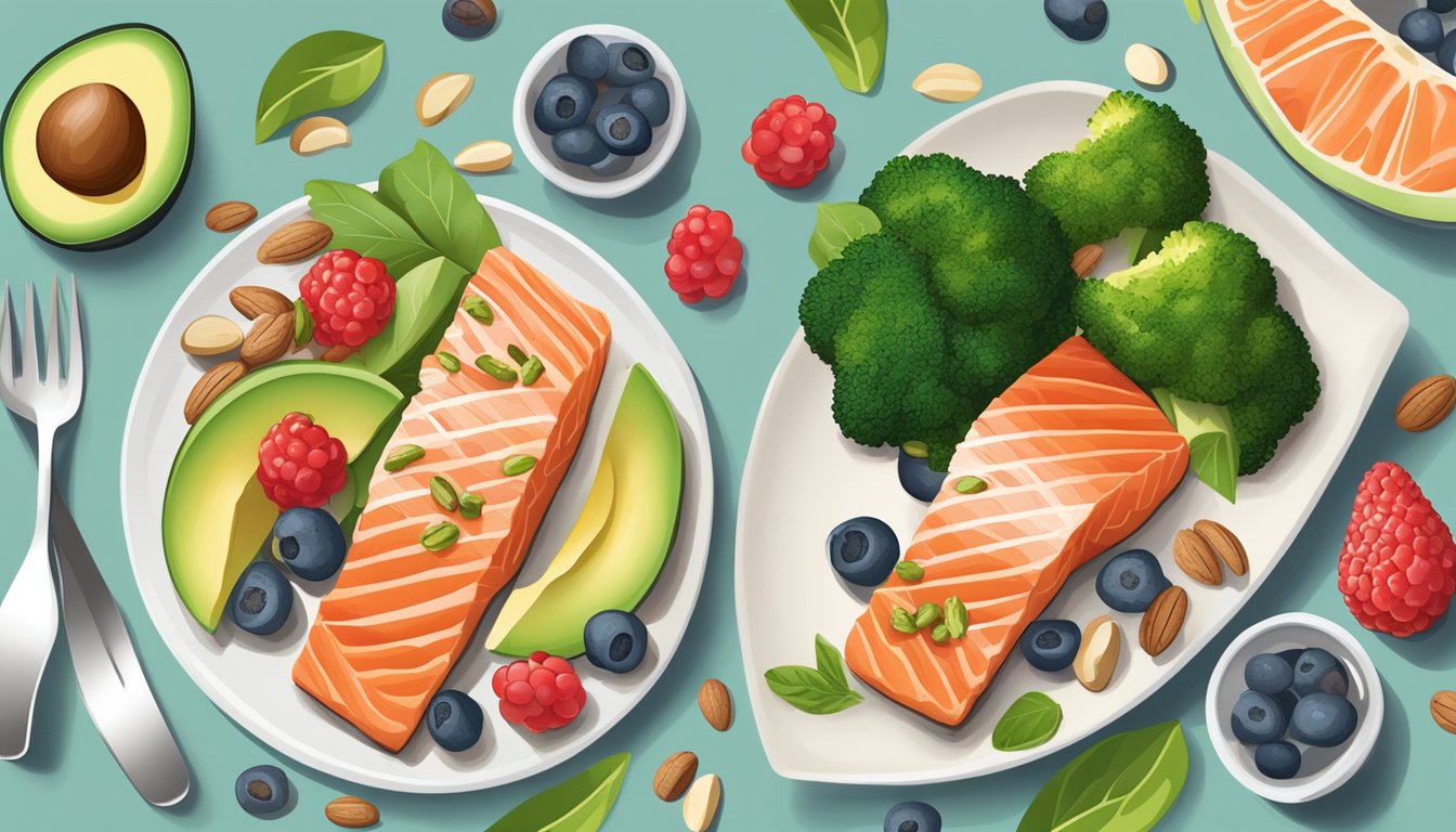 A dinner plate with equal portions of grilled salmon, avocado, and steamed broccoli, surrounded by colorful berries and nuts