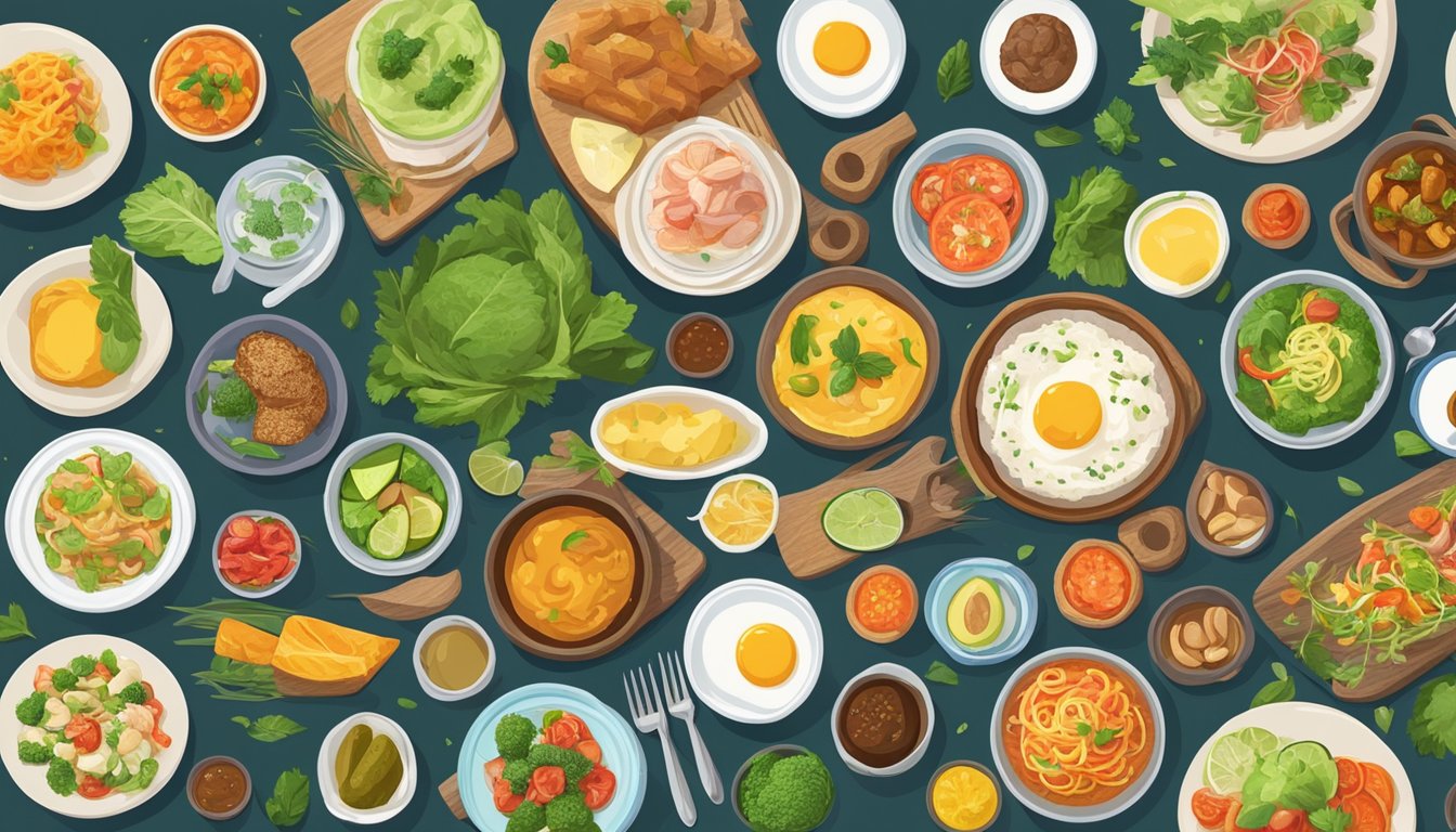 A table set with colorful keto-friendly dishes from around the world