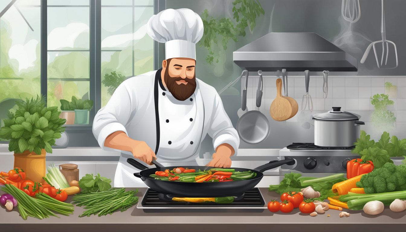 A chef grills vegetables and lean protein on a sizzling skillet over a gas stove, surrounded by fresh herbs and spices