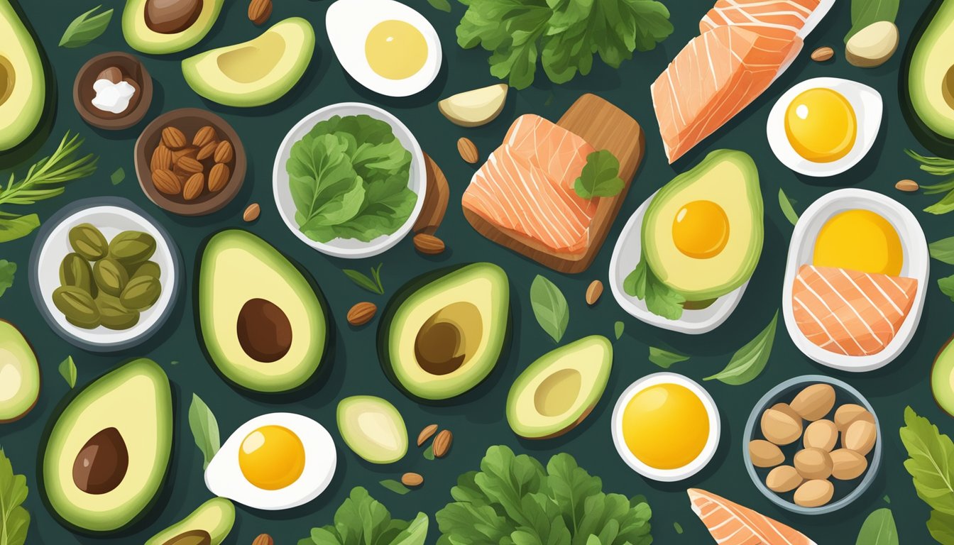 A table with a variety of keto-friendly foods: avocados, eggs, nuts, leafy greens, salmon, and olive oil