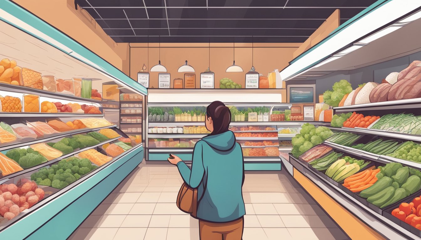 A person selecting keto-friendly foods from a variety of fresh produce, meats, and dairy products at a grocery store