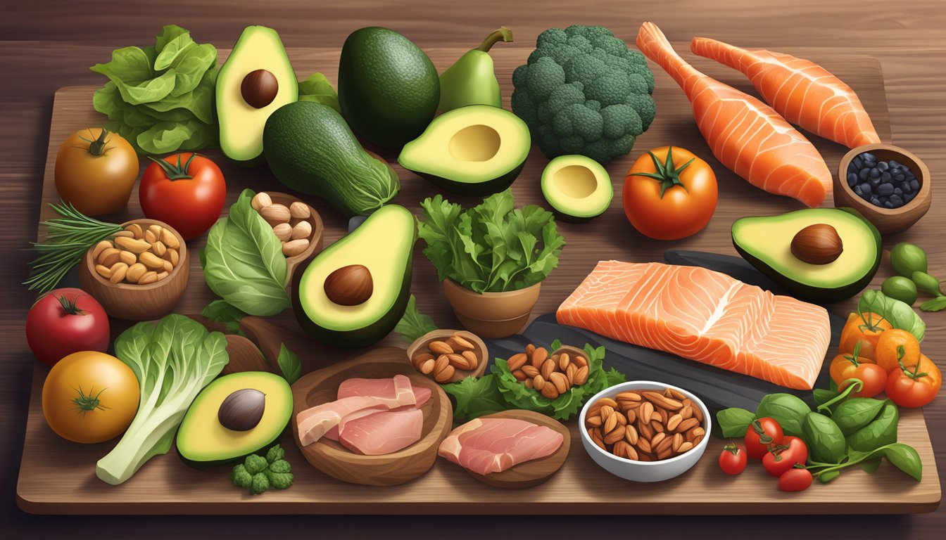 A colorful array of fresh vegetables, lean meats, nuts, and healthy fats arranged on a wooden table, with a prominent focus on avocados, salmon, and leafy greens