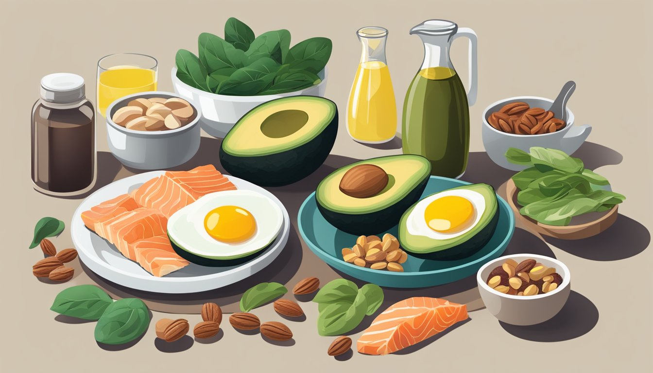 A table filled with keto-friendly foods: avocado, eggs, bacon, nuts, spinach, salmon, and olive oil