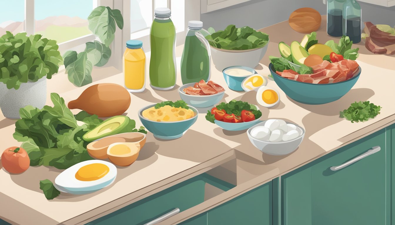 A kitchen counter with a variety of keto-friendly foods such as avocados, eggs, bacon, and leafy greens. A meal plan and water bottle are also present