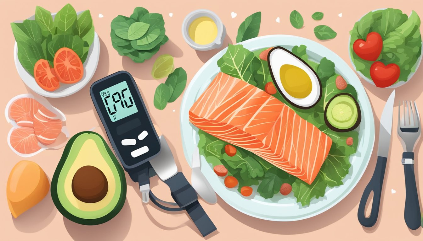 A plate filled with low-carb, high-fat foods like avocado, salmon, and leafy greens, surrounded by a measuring tape and a heart rate monitor