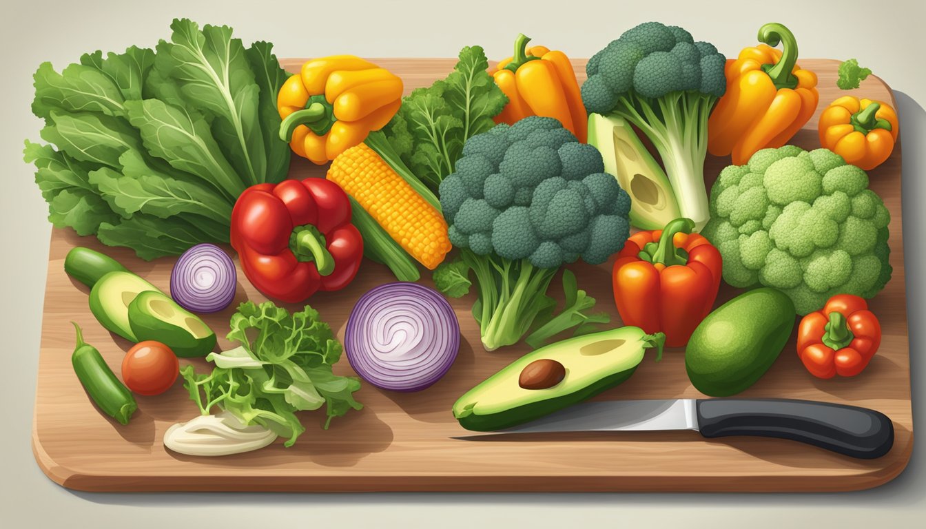 A colorful array of low-carb vegetables arranged on a cutting board, including leafy greens, bell peppers, broccoli, and avocado