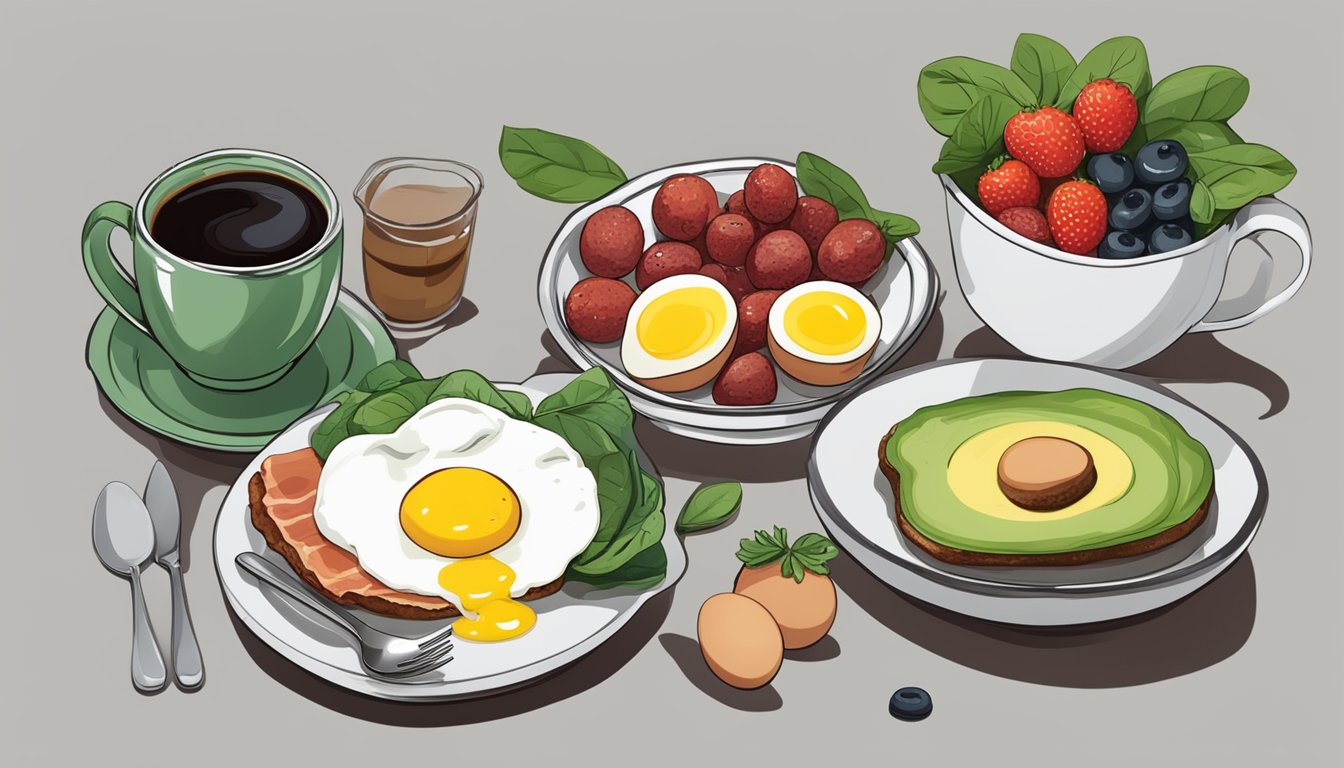 A table set with eggs, avocado, bacon, and spinach, alongside a bowl of berries and a cup of black coffee