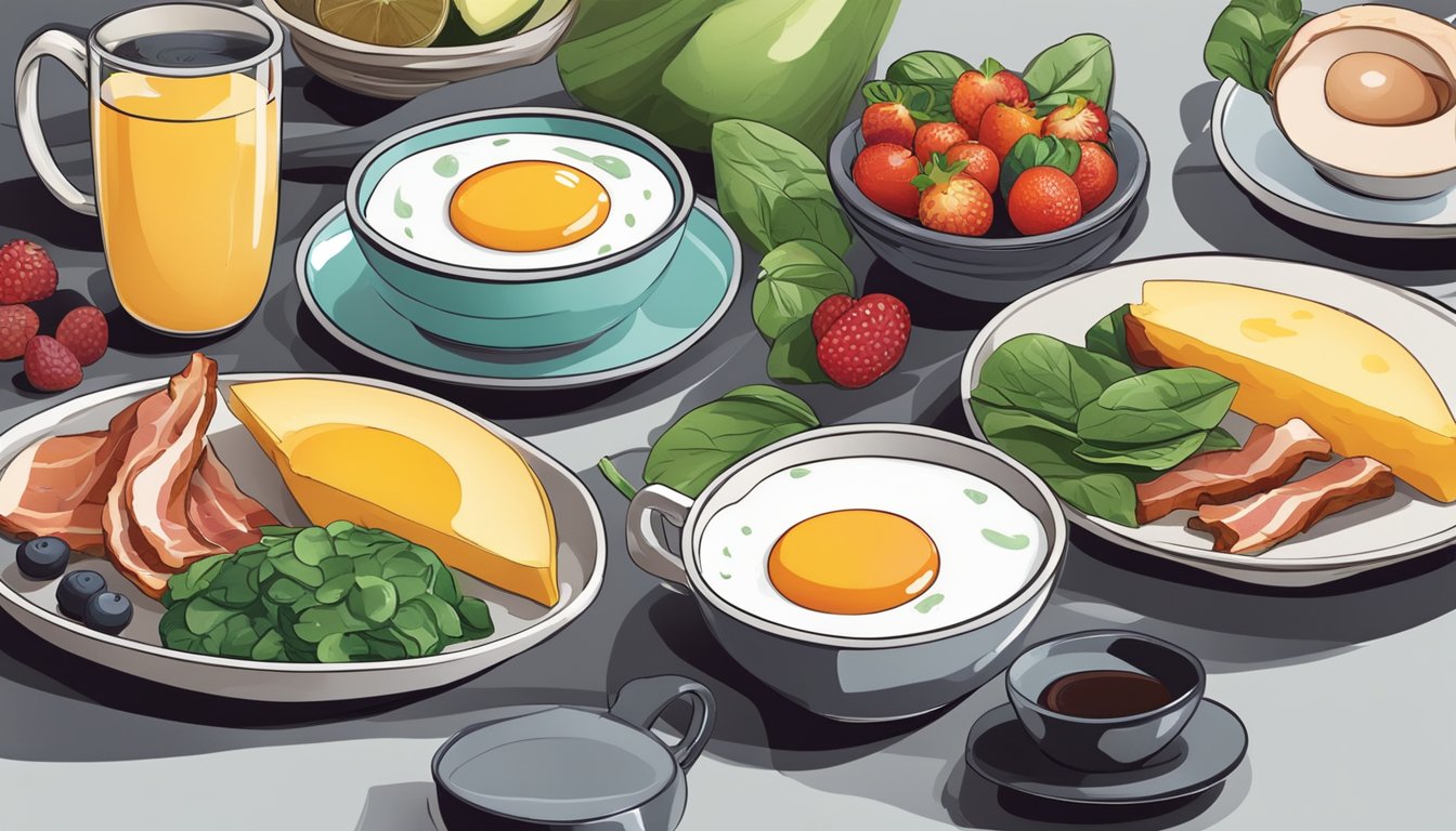 A breakfast table with a variety of keto-friendly foods such as eggs, avocado, bacon, and spinach. A cup of black coffee sits next to a plate of colorful fruits