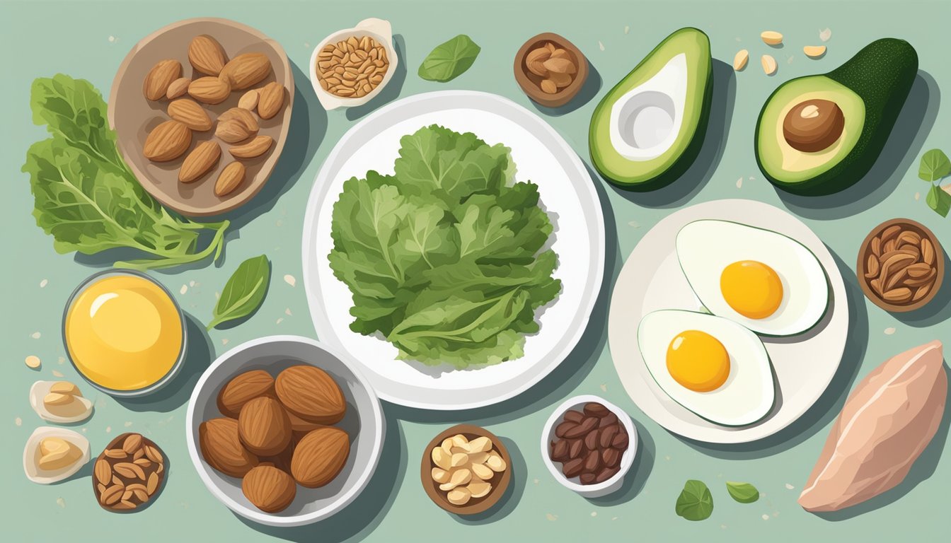 A table with various keto-friendly foods: avocados, eggs, nuts, leafy greens, and lean meats. A measuring scale and nutritional labels are visible