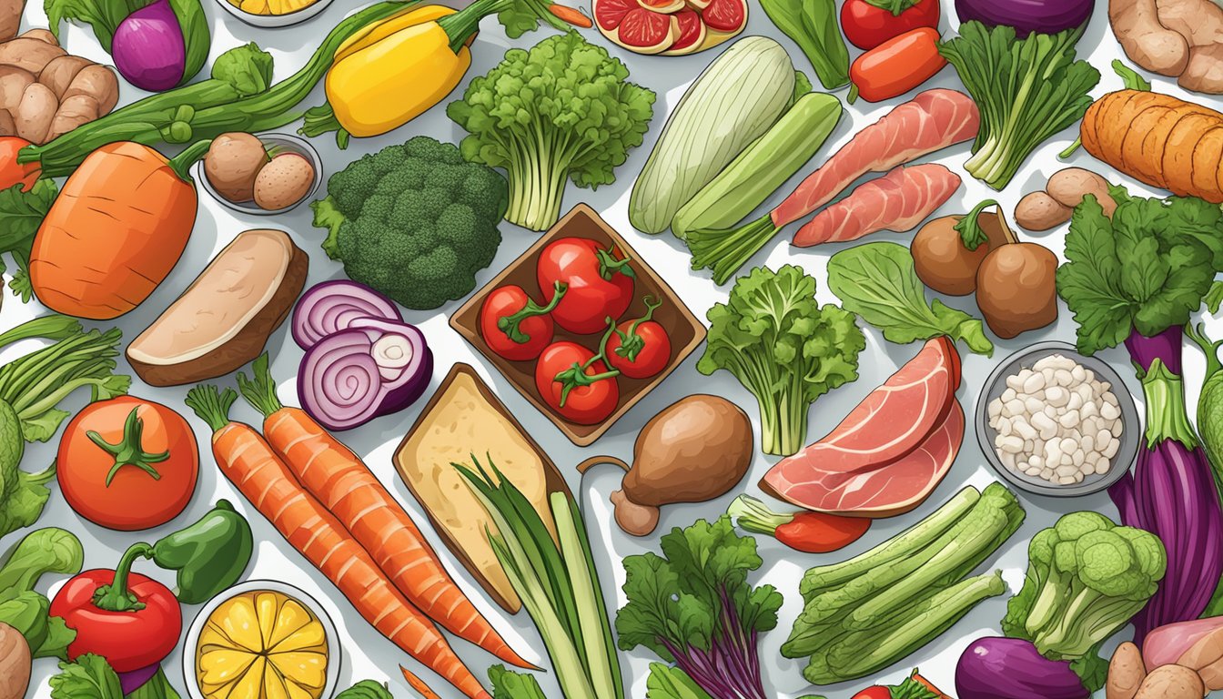 A colorful array of fresh vegetables, lean meats, and healthy fats arranged on a plate