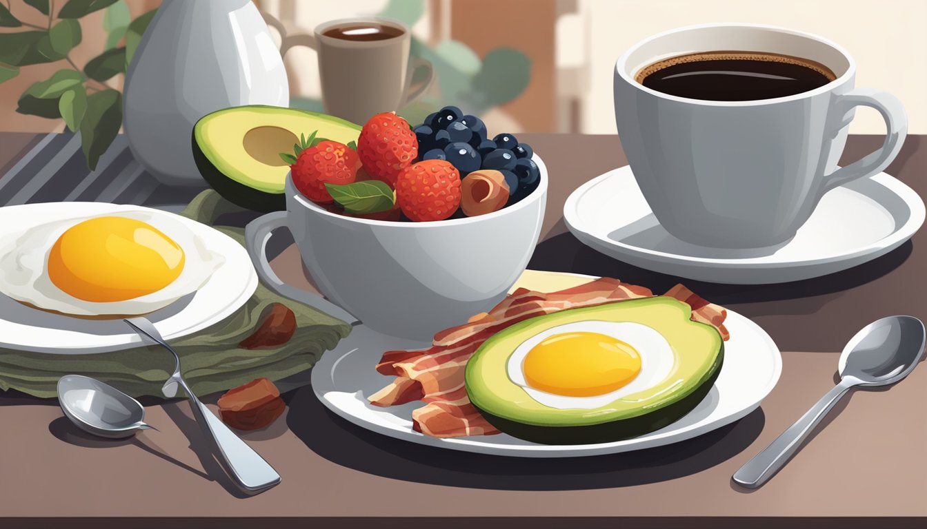 A breakfast table with avocado, eggs, bacon, and berries, alongside a cup of black coffee