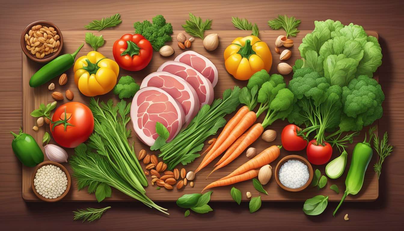 A colorful array of fresh vegetables, nuts, and lean meats arranged on a wooden cutting board, surrounded by vibrant green herbs and spices