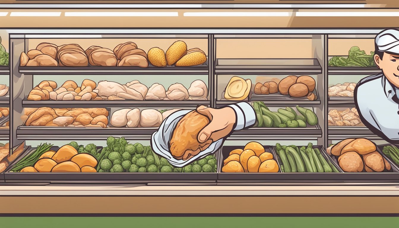 A hand reaching for a plump, organic chicken breast in a grocery store display