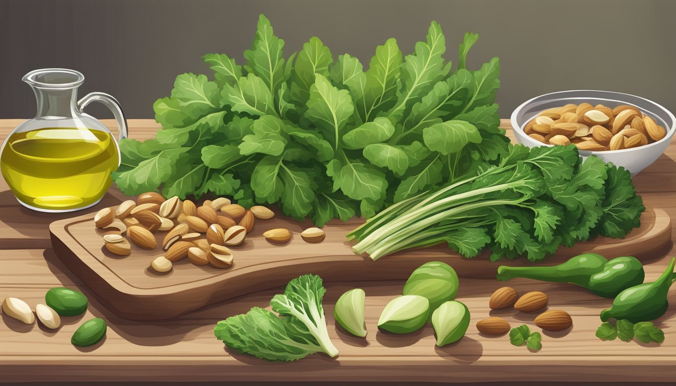 A colorful array of fresh green vegetables and leafy greens arranged on a wooden cutting board, with a measuring cup of olive oil and a bowl of nuts nearby