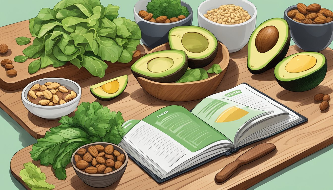 A vibrant array of leafy greens, avocados, nuts, and lean proteins arranged on a wooden cutting board with a keto-friendly recipe book open nearby