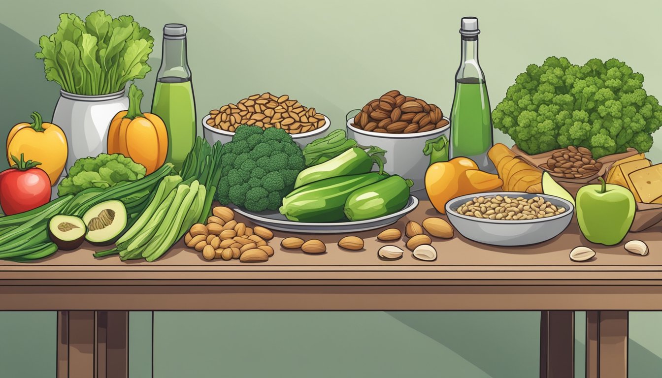 A table filled with green vegetables, nuts, and healthy fats. A person choosing healthy food over unhealthy food