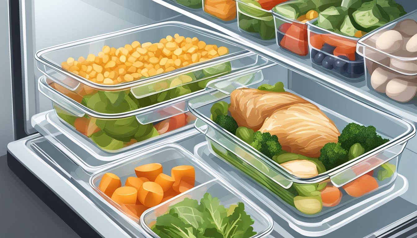 A glass food storage container filled with keto diet chicken and vegetable meal prep, neatly organized in a refrigerator