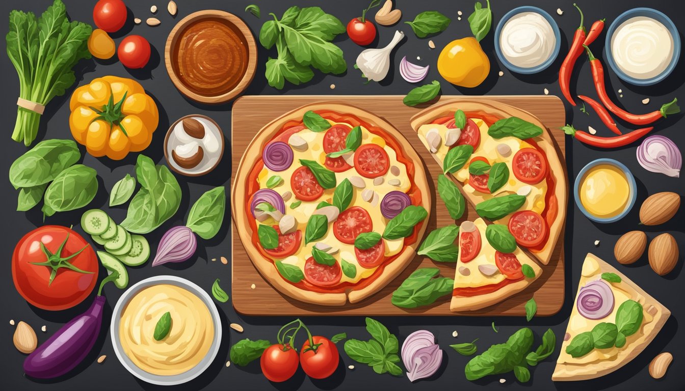 A colorful array of keto-friendly pizza ingredients arranged on a wooden cutting board, including almond flour crust, low-carb sauce, and assorted vegetables and meats