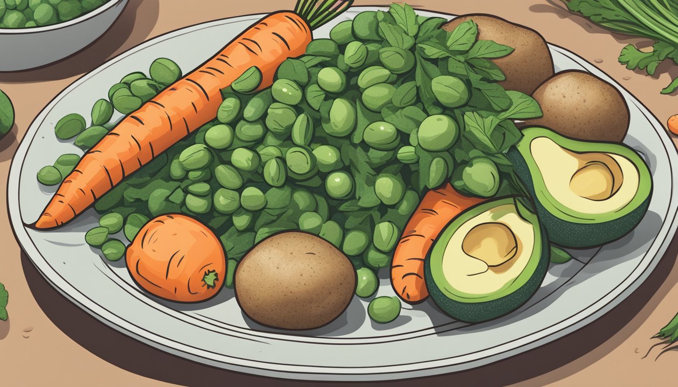 A pile of carrots, peas, and potatoes set aside from a plate of keto-friendly vegetables like spinach, broccoli, and avocado