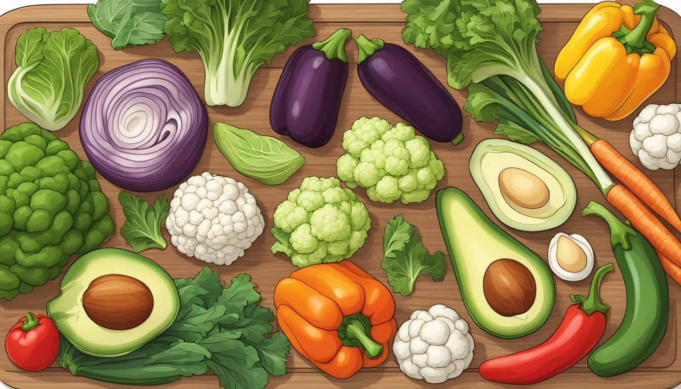 A colorful array of keto-friendly vegetables arranged on a wooden cutting board, including leafy greens, bell peppers, cauliflower, and avocado