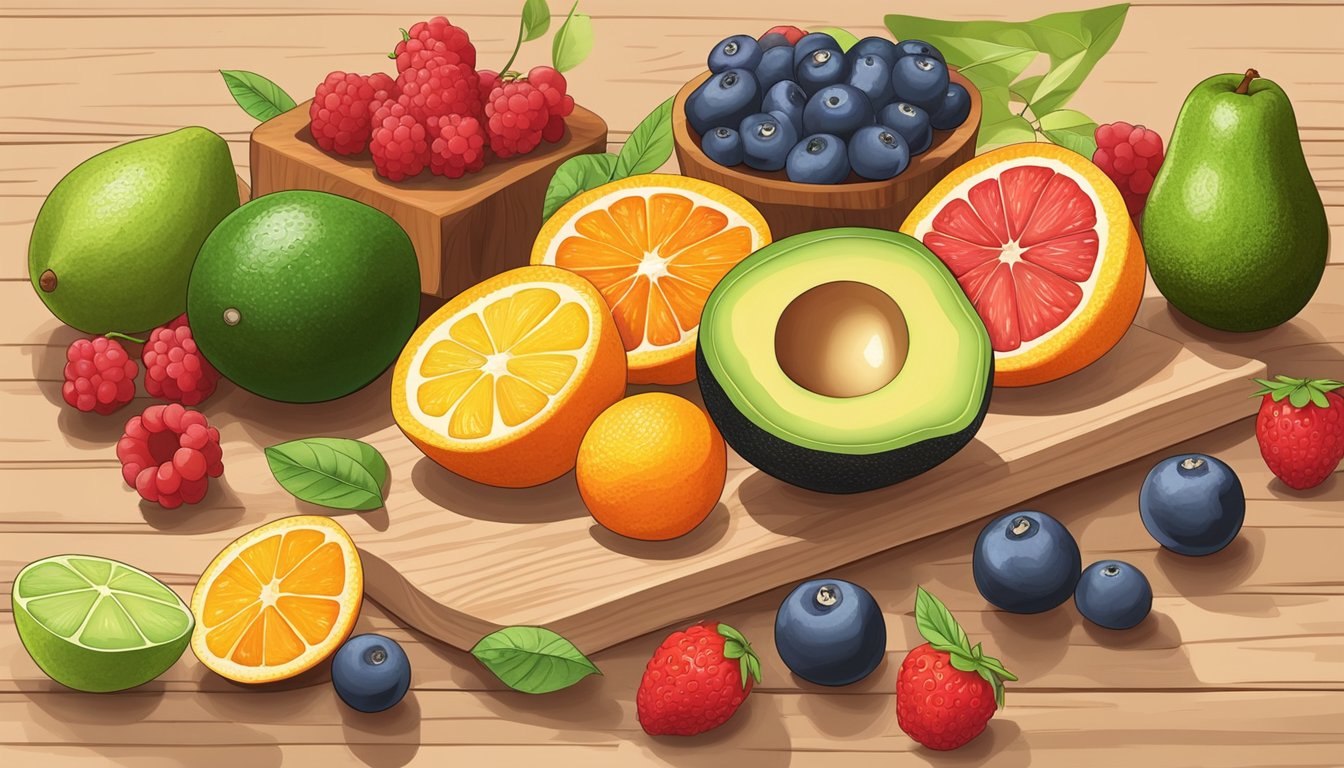 A colorful array of fresh fruits arranged on a wooden cutting board, including berries, avocado, and citrus, with a measuring tape nearby