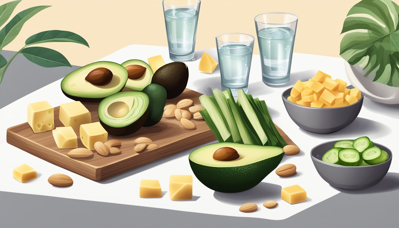 A table set with keto-friendly snacks: avocado slices, nuts, cheese cubes, and cucumber sticks, accompanied by a glass of water