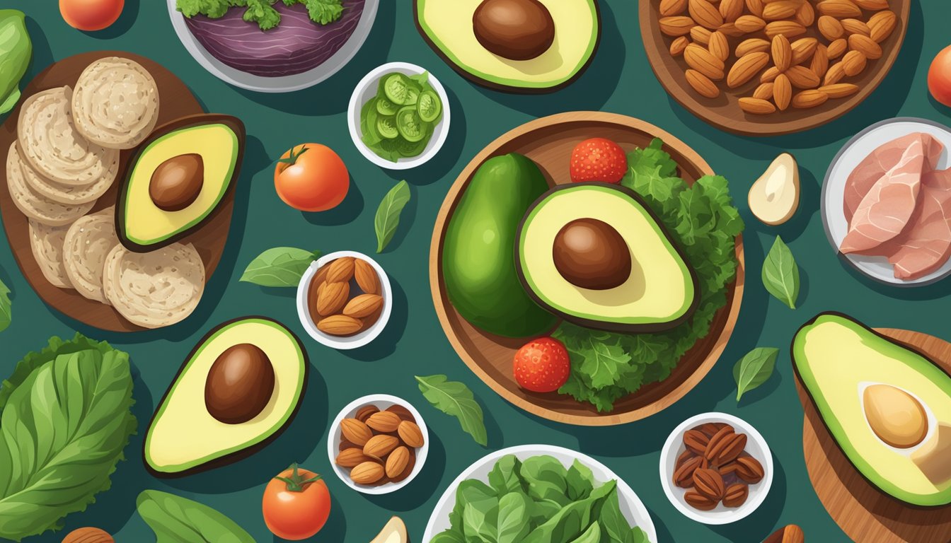 A table with a variety of keto-friendly foods, such as avocados, leafy greens, lean meats, and nuts, arranged in an organized and appealing manner