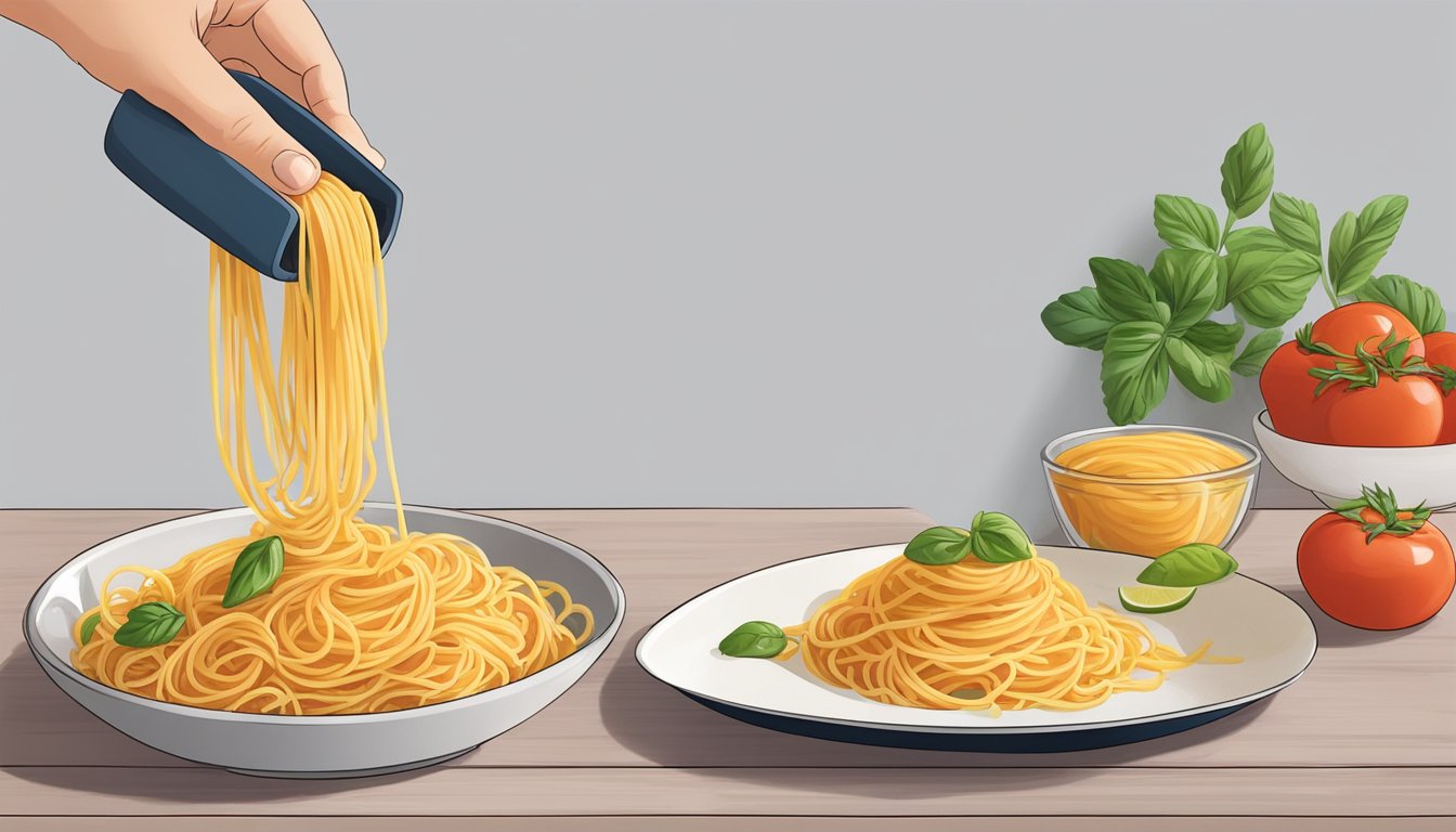 A person pouring keto-friendly pasta sauce over a plate of low-carb pasta