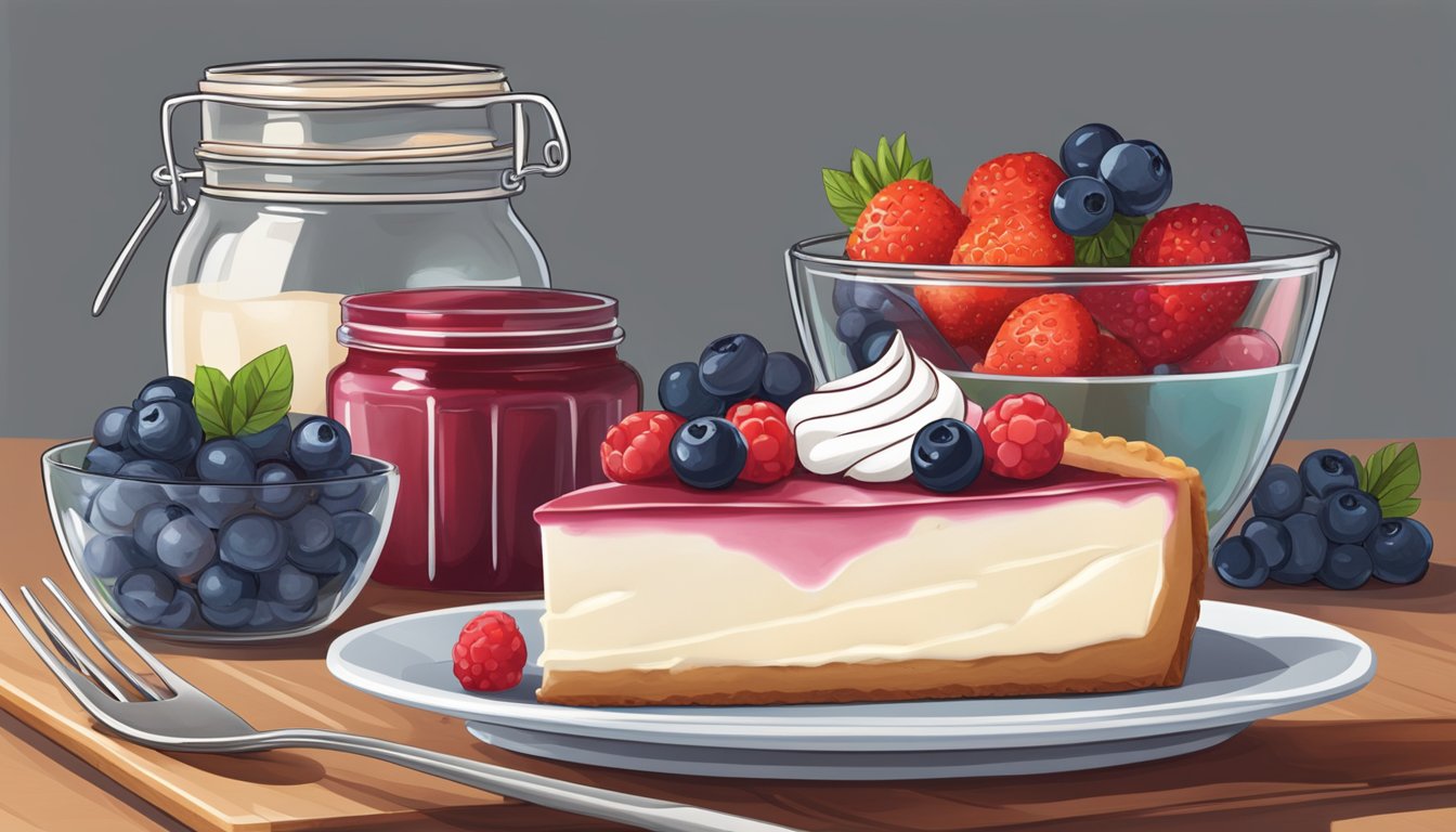 A cheesecake sits on a wooden cutting board, surrounded by fresh berries and a jar of sugar-free preserves. A glass container of whipped cream is nearby