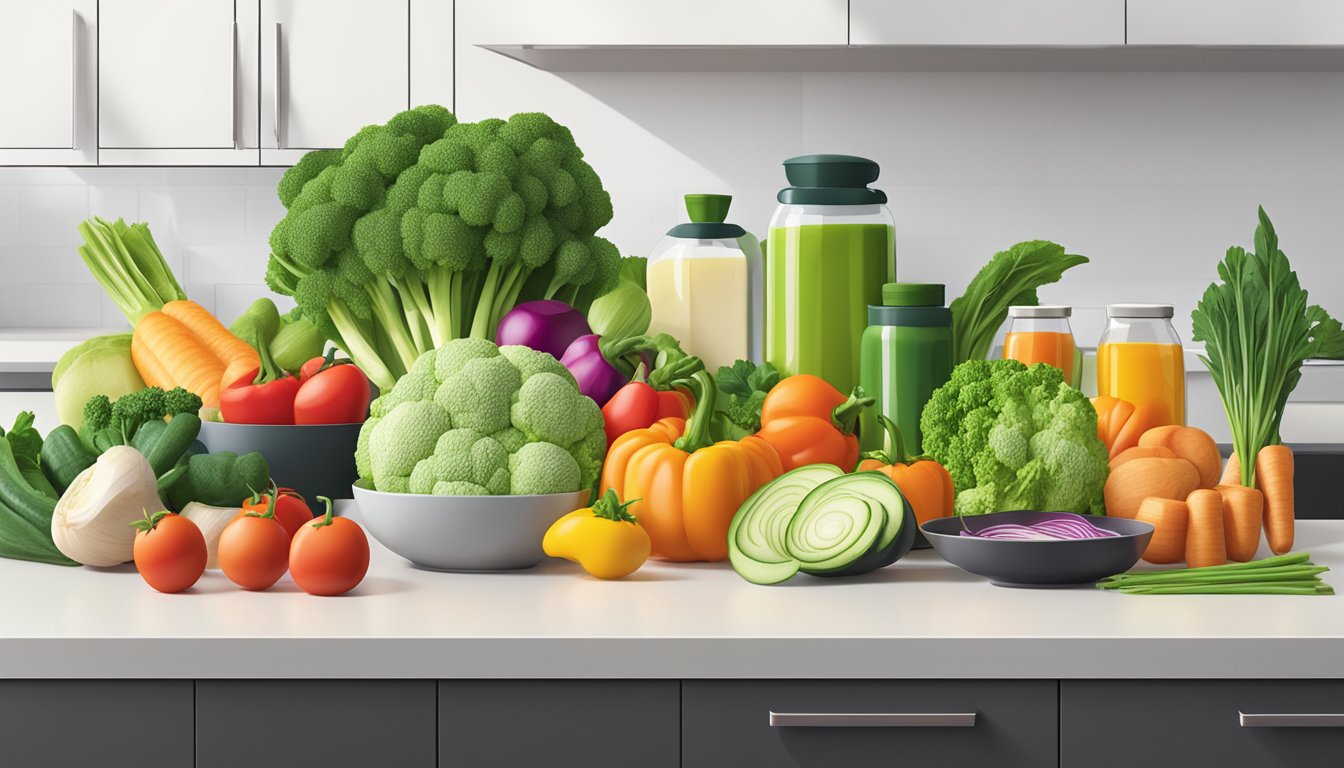 A vibrant array of fresh, colorful vegetables and lean proteins arranged on a clean, minimalist kitchen counter