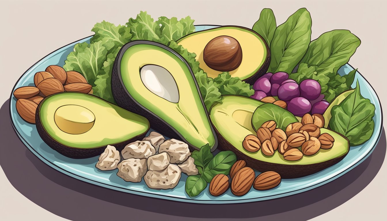 A colorful plate of keto-friendly foods, including avocados, leafy greens, nuts, and lean proteins, arranged in an appealing and appetizing manner