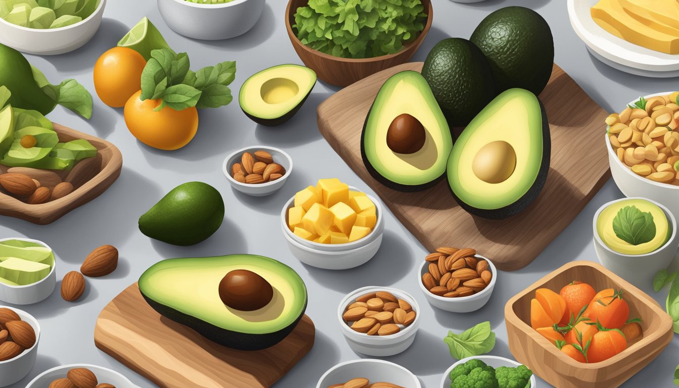 A kitchen counter with a variety of low-carb, high-fat foods such as avocados, nuts, and vegetables