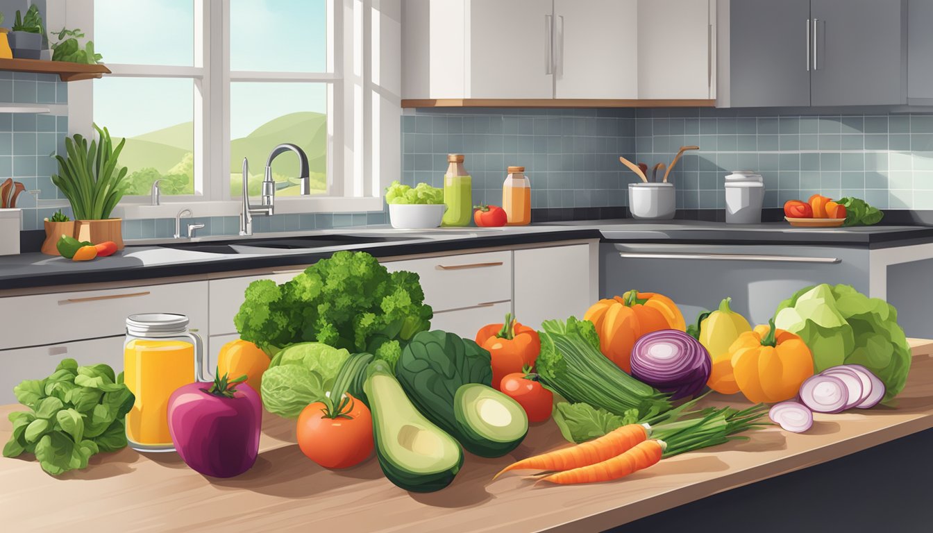 A kitchen counter with a variety of fresh vegetables, fruits, and lean proteins, alongside a stack of keto-friendly recipe books and a water bottle