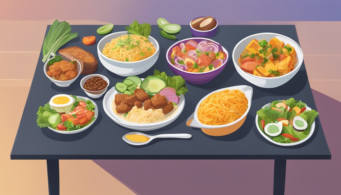 A colorful array of keto-friendly dishes displayed on a restaurant table. The menu board showcases popular chain options for those following a keto diet