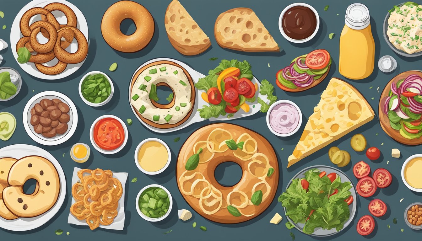 A plate of keto bagels surrounded by various toppings and condiments, accompanied by a selection of cheeses, meats, and fresh vegetables